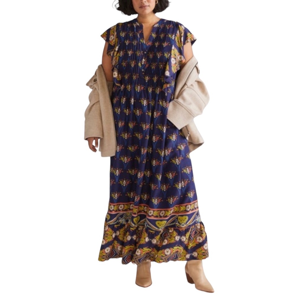 Anthropologie Maeve Cassandra Navy Blue Patterned Ruffle Maxi Dress 1X